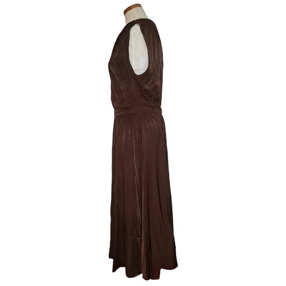 Banana Republic SS Shiny Satin Sheen Twill Wrap Burnt Umber Brown Midi Dress S - Picture 3 of 16